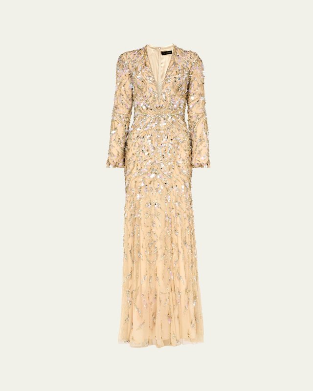 Kaia Embellished Long-Sleeve Plunging Illusion Gown
